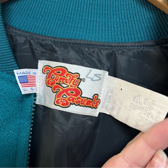 Vintage 1970's Women's Teal Bomber Jacker Wool Varsity Coat Aztec Sleeves US 10 - Picture 7 of 11